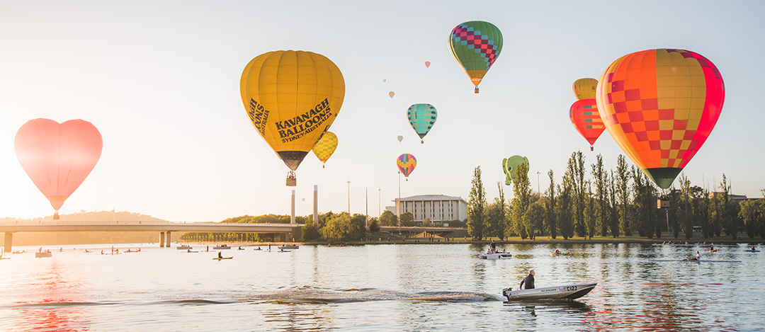 Hot air balloons over Lake Burley Griffin. Budget 2020-21