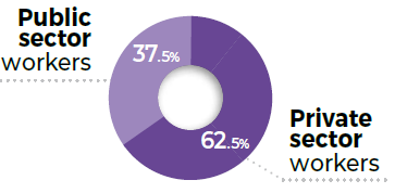 Public sector workers 37.5% and private sector workers 62.5%