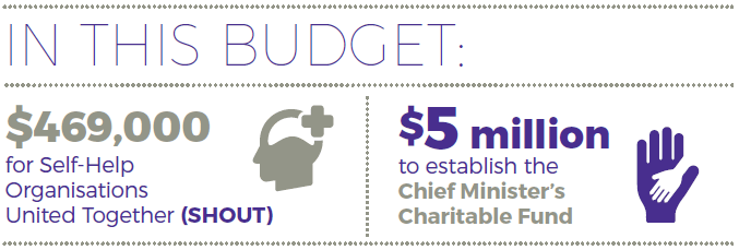 In this budget" $469,000 for self-help organisations united together (Shout) and $5 million to establish the Chief Minister's Charitable Fund
