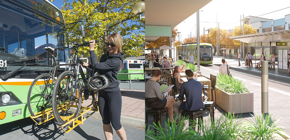 Image montage - Bus with bike rack and Canberra's new light rail network